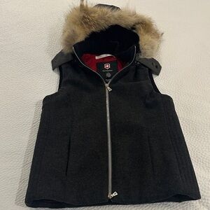 Grey Hooded Vest with Faux Fur Trim